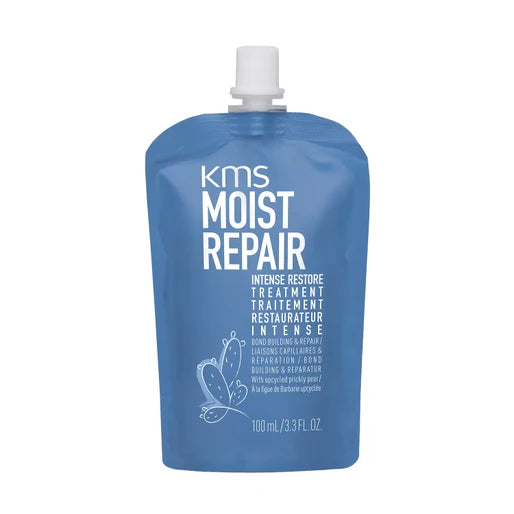 KMS Moist Repair Intense Restore Treatment pouch 100ml, featuring a sleek design and product packaging in a beauty product image.