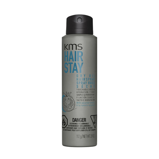 KMS Hairstay Dry Oil Hairspray 112g bottle with spray nozzle, lightweight styling product for shine and hold in hair.