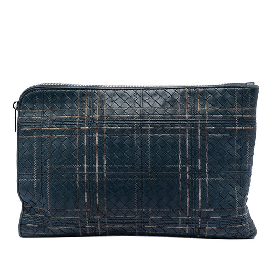 Bottega Veneta Nappa Intrecciato Metropolis blue leather document case with woven design and sleek shape.
