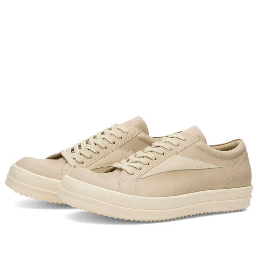 Men's Rick Owens leather sneakers in size 44/11, new in box, featuring sleek black leather and modern design.