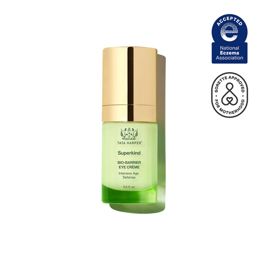 Tata Harper Superkind Bio-Barrier Eye Cream jar with white lid and label, displayed on a neutral background.