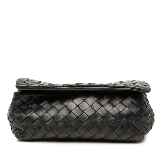 Black Bottega Veneta Intrecciato flap pouch bag with woven leather detail, stylish and compact for everyday use.