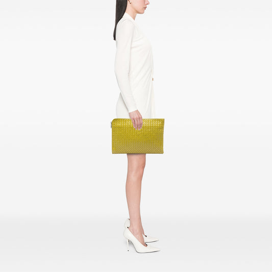 Bottega Veneta large Nappa Intrecciato zip pouch with woven leather design and silver zipper closure.