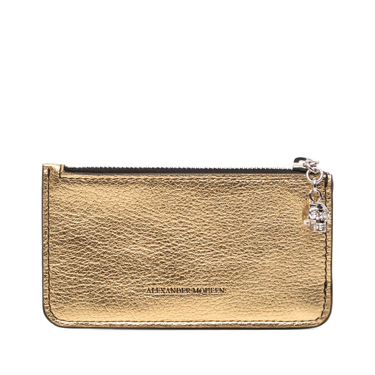 Metallic Leather Skull Charm Zip Card Holder Gold - Lab Luxury Resale