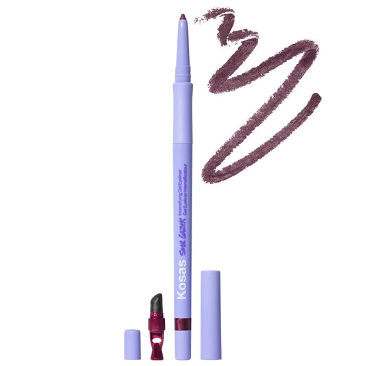 Kosas Soulgazer waterproof gel eyeliner in bewitched shade, showcasing a smooth, intense black eyeliner pencil with a shiny finish.