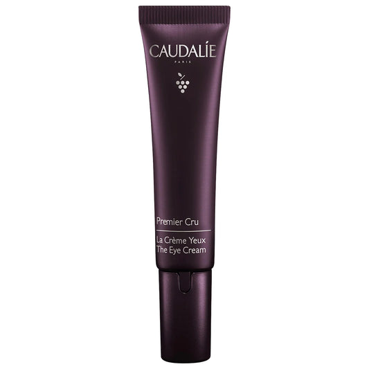 Caudalie Premier Cru Anti-Aging Eye Cream jar showing the elegant 15ml container for fine lines and wrinkles.