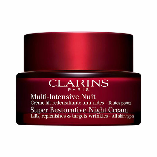 Clarins Super Restorative Anti-Aging Night Moisturizer in 50ml jar, new unopened beauty skincare product.