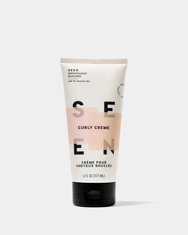 SEEN Curly Creme 6oz jar with scented formula, designed for defining and moisturizing curly hair, front view of the beauty product.