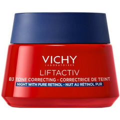 Vichy Liftactiv B3 Tone Correcting Night Cream with pure retinol in a 50ml jar, featuring a white and blue skincare container.