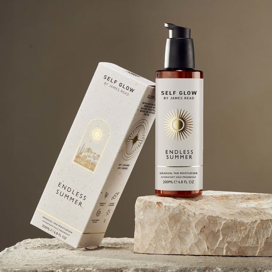 By James Read Self Glow Sunrise to Sundown tinted tan serum in 150ml, featuring natural-looking glow and lightweight formula.