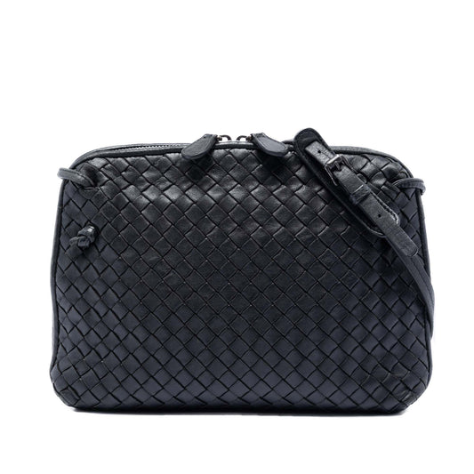 Black Bottega Veneta Nappa Intrecciato Nodini crossbody bag with woven leather design and sleek, structured shape.