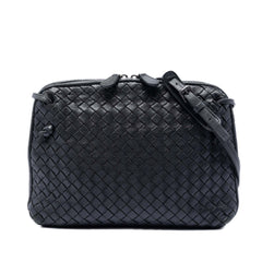Black Bottega Veneta Nappa Intrecciato Nodini crossbody bag with woven leather design and sleek, structured shape.
