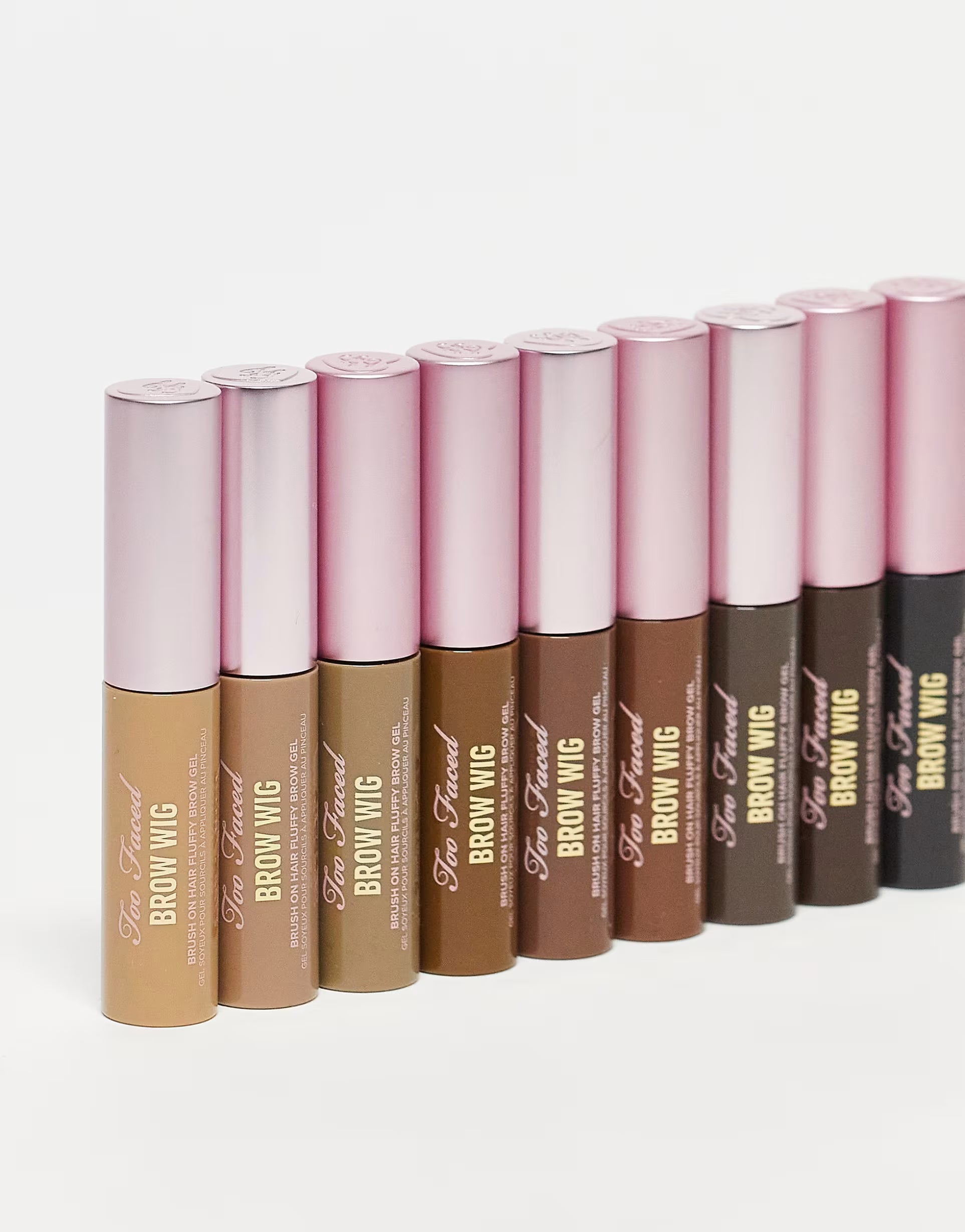 Too Faced Brow Wig beauty product in various shades, brow styling wax with customizable color and texture.