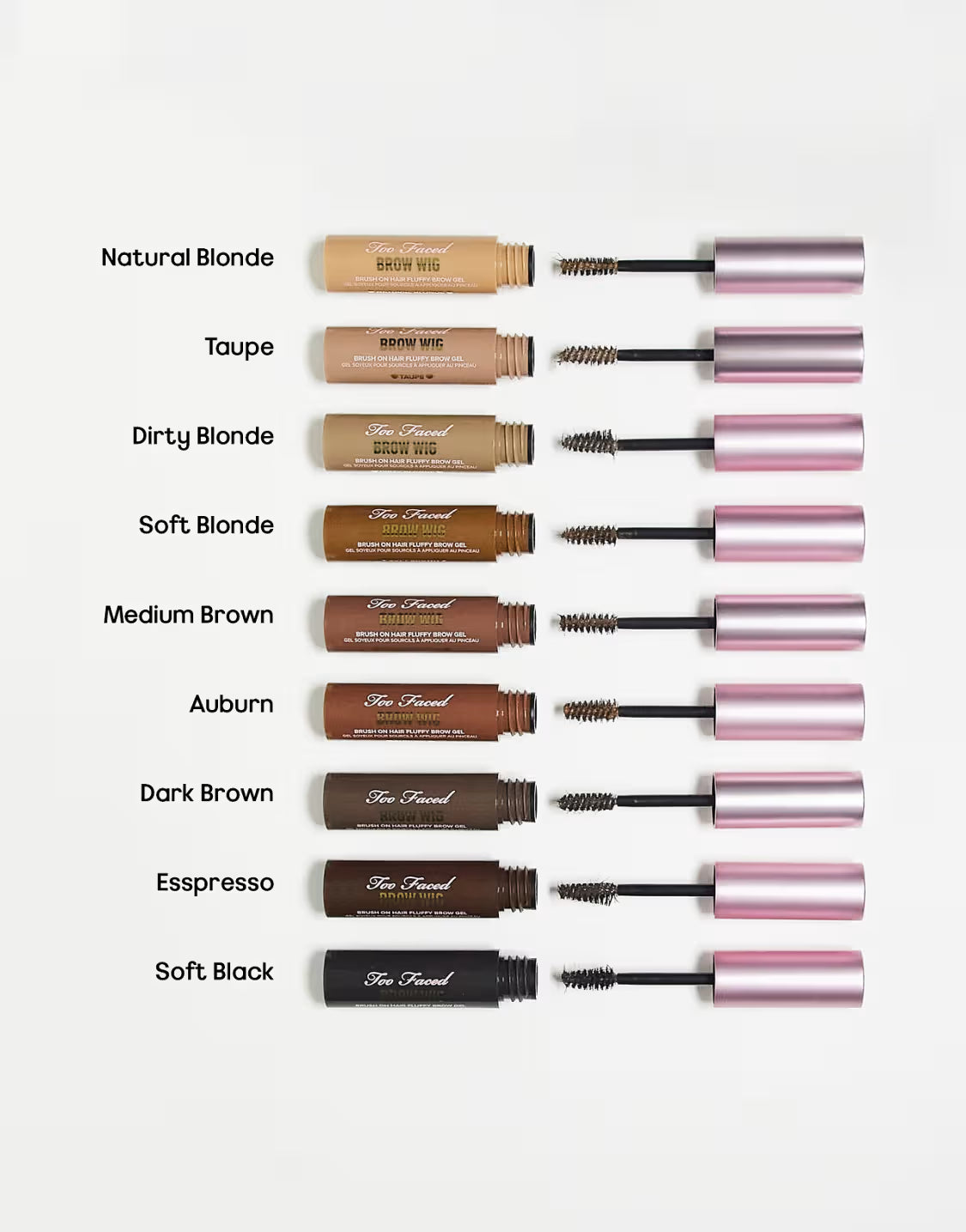 Too Faced Brow Wig in various shades, unopened, featuring a brow product with a wig-like applicator for natural-looking brows.