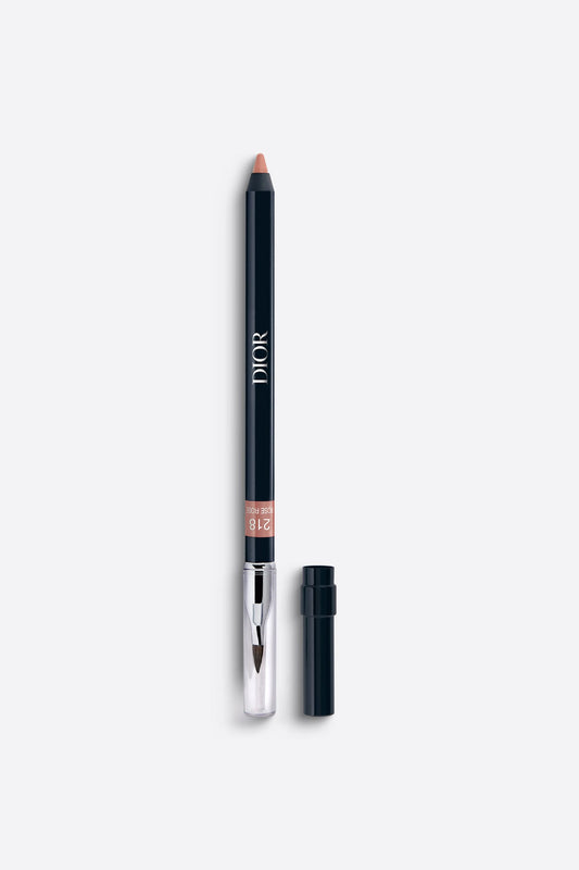 Dior Rouge Dior Contour No-Transfer Lip Liner Pencil in black and gold packaging, displayed upright.