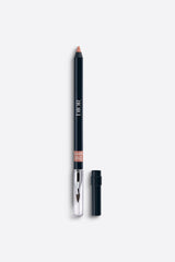 Dior Rouge Dior Contour No-Transfer Lip Liner Pencil in black and gold packaging, displayed upright.