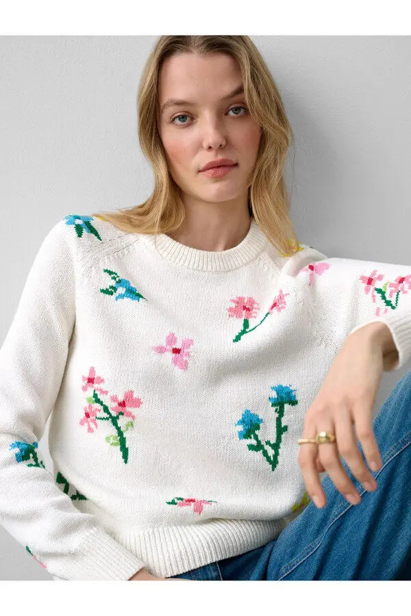 White + Warren Floral Cotton Sweater Size Small