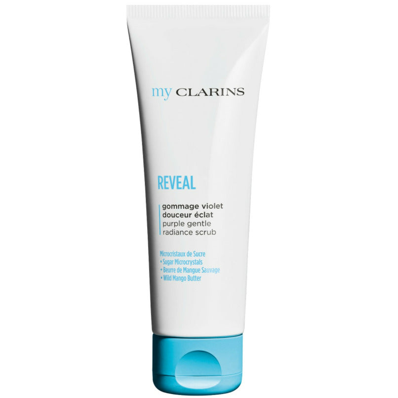 Clarins REVEAL Purple Gentle Radiance Scrub for face, with creamy texture and purple packaging visible in the image.
