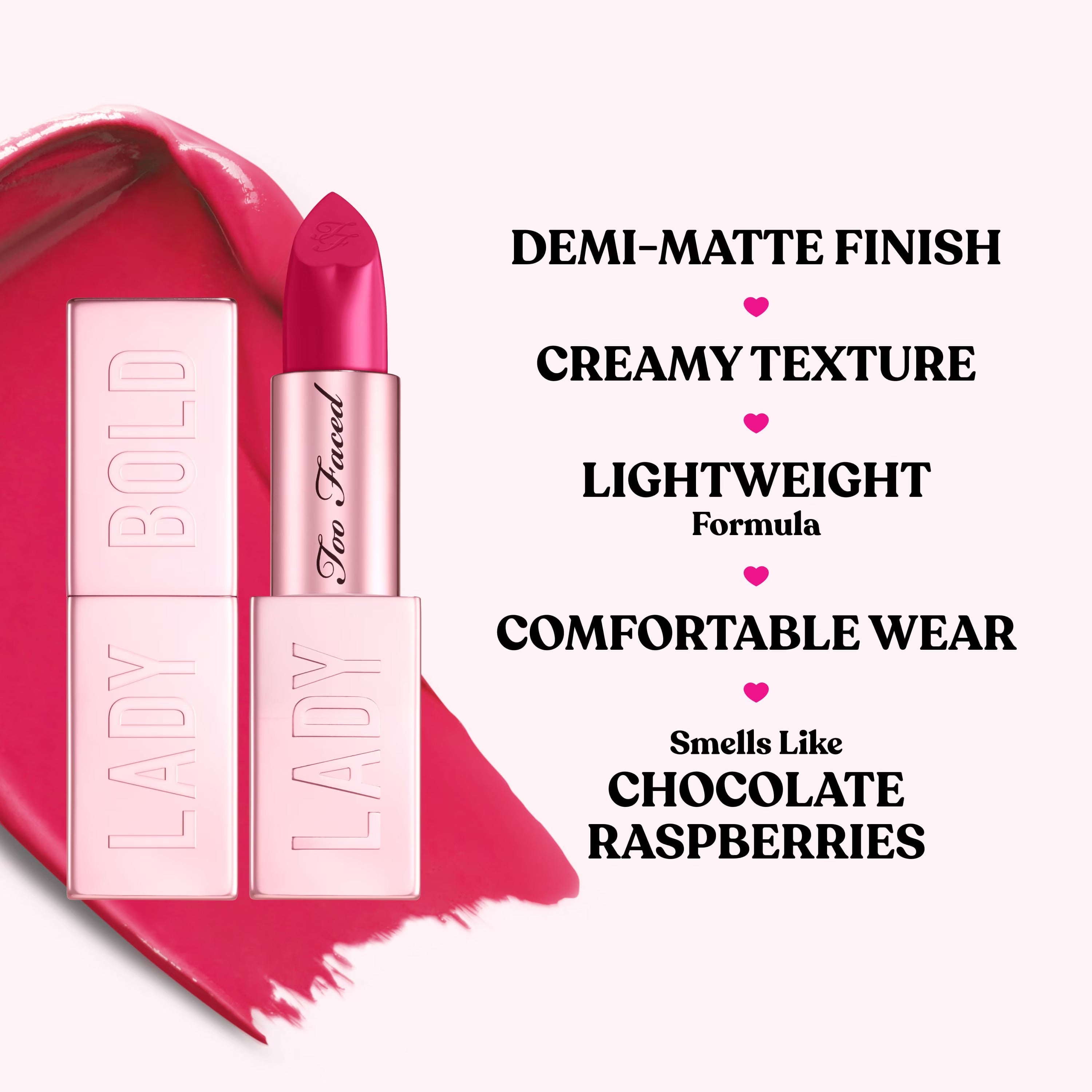 Too Faced Lady Bold lipstick in various shades, featuring colorful packaging and open swatch showing vibrant lipstick colors.