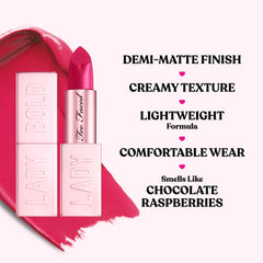 Too Faced Lady Bold lipstick in various shades, featuring colorful packaging and open swatch showing vibrant lipstick colors.