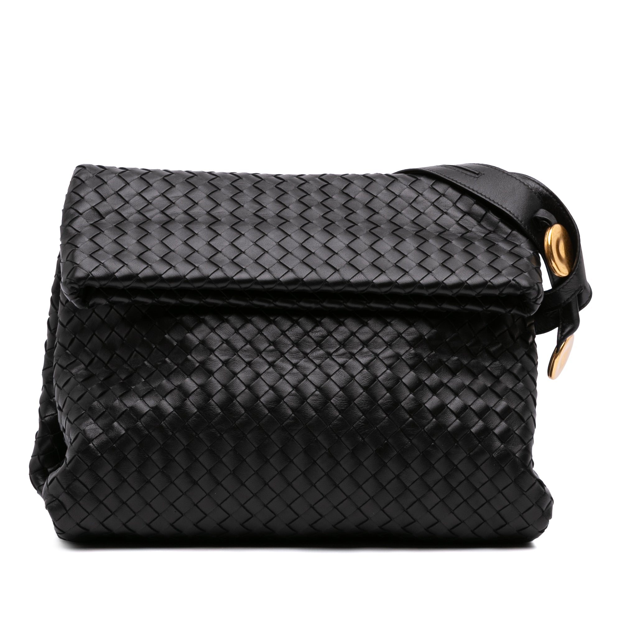 Small Nappa Intrecciato Fold Over Flap Crossbody Black - Lab Luxury Resale