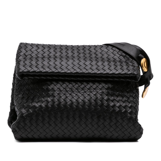 Small Nappa Intrecciato Fold Over Flap Crossbody Black - Lab Luxury Resale