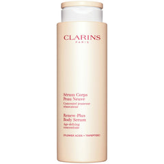 Clarins Renew Plus Body Serum 200ml bottle, new in box, featuring sleek packaging and applicator for nourishing skin treatment.
