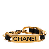 Gold Plated Leather Woven Chain Logo Plate Cuff Bracelet Gold - Lab Luxury Resale
