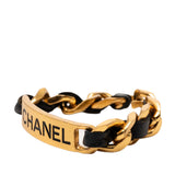 Gold Plated Leather Woven Chain Logo Plate Cuff Bracelet Gold - Lab Luxury Resale