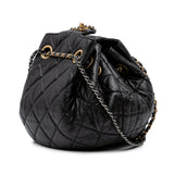 CC Quilted Lambskin Chain Drawstring Bucket Bag Black - Lab Luxury Resale