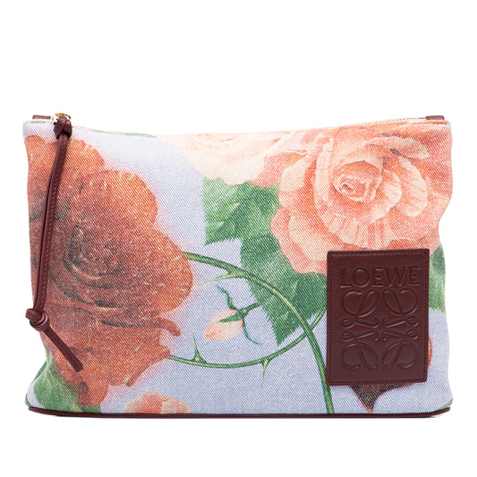 Paulas Ibiza Canvas Rose Print Clutch Blue - Lab Luxury Resale