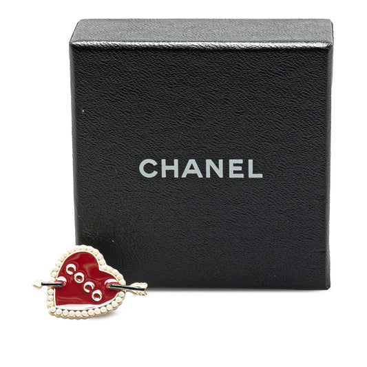 Gold Plated Enamel Faux Pearl Coco Heart and Arrow Brooch Red - Lab Luxury Resale
