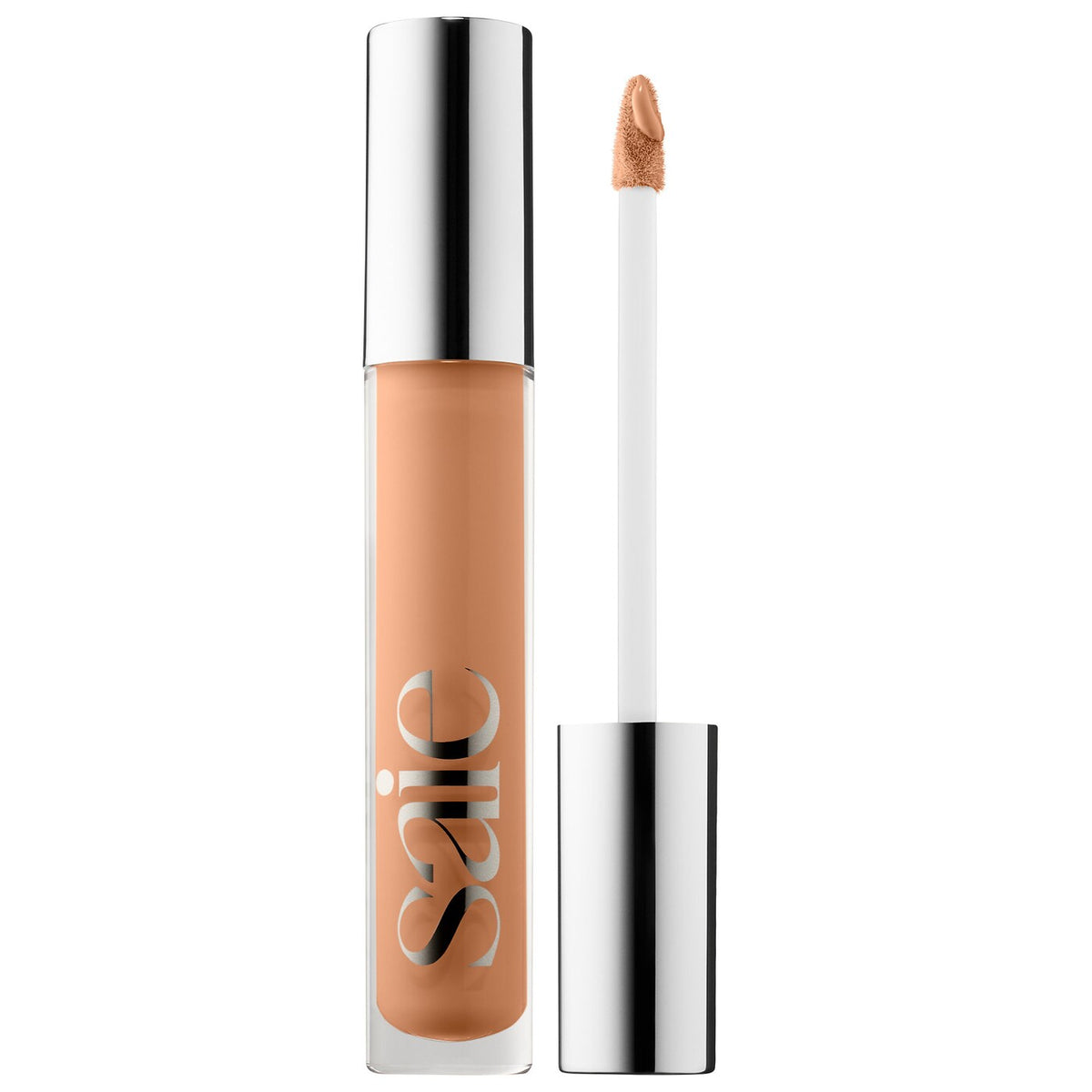 Saie Hydrabeam hydrating under eye concealer in multiple shades, showing the creamy texture and natural finish on skin.