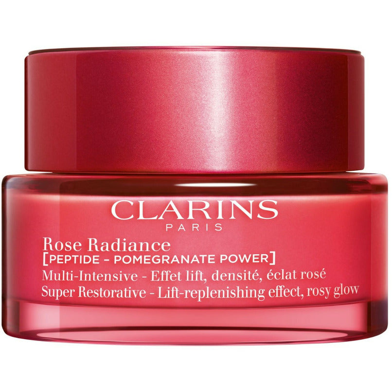 Clarins Super Restorative Rose Radiance Day Cream 50ml jar, beauty product with pink cream, new in box.