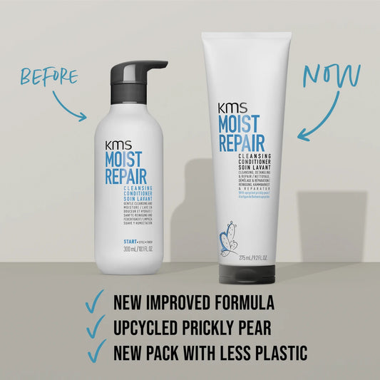 KMS MoistRepair Cleansing Conditioner 275ml bottle with label, designed for nourishing hair and restoring moisture.