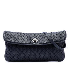Black Bottega Veneta Mini Nappa Intrecciato Turn Lock Crossbody bag with sleek design and woven leather detailing.