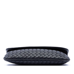 Black Bottega Veneta Mini Nappa Intrecciato crossbody bag with turn lock closure, showcasing woven leather design and compact style.
