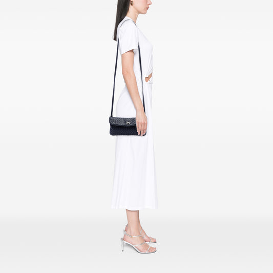 Black Bottega Veneta Mini Nappa Intrecciato crossbody bag with turn lock closure, showcasing woven leather design and compact style.