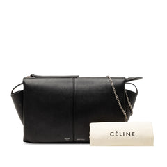 Black Celine Trifold leather clutch on chain bag with sleek design and gold-tone chain strap.