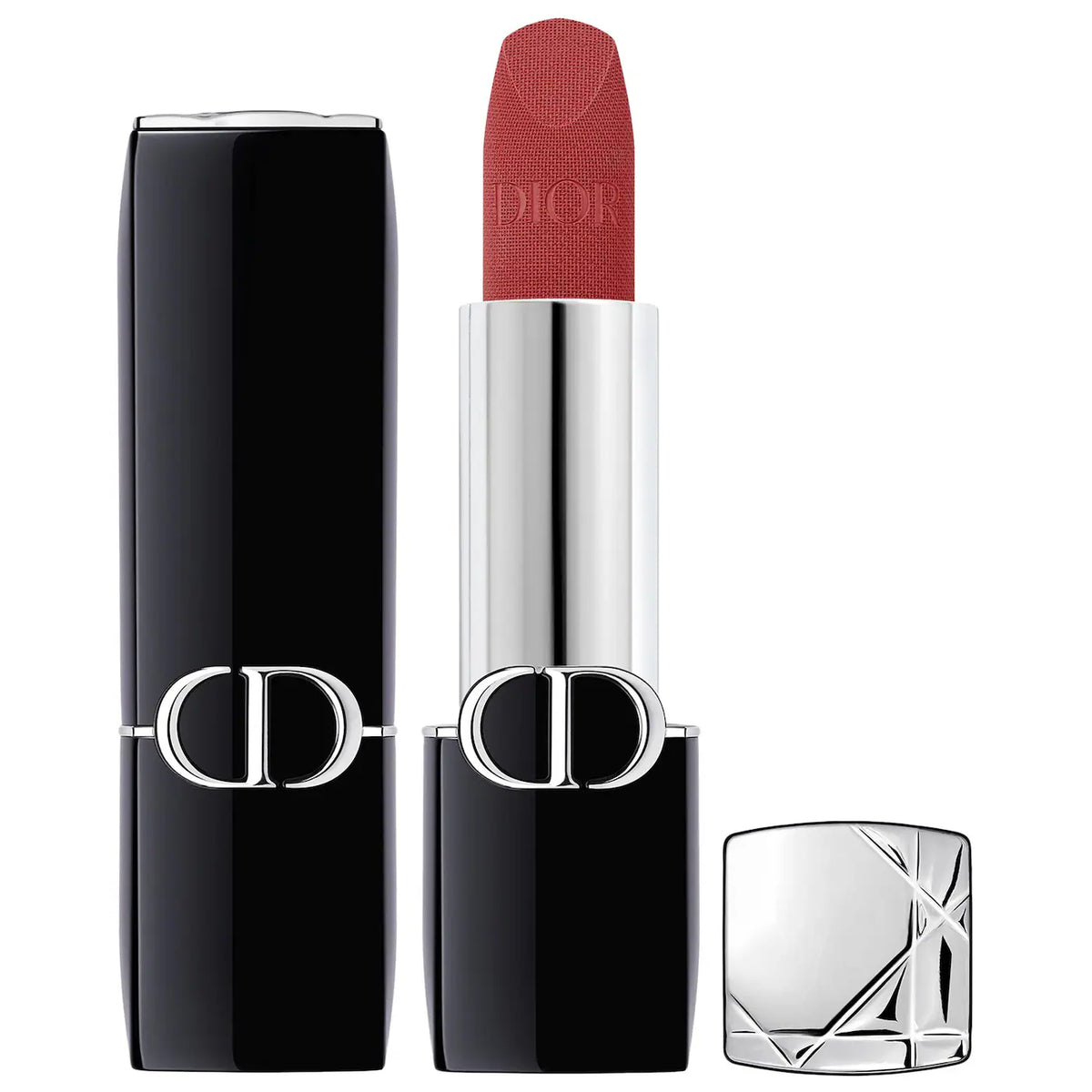 Dior Rouge Dior refillable lipstick in satin and matte shades, new in box, showcasing elegant packaging and variety of colors.