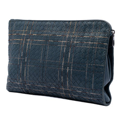 Bottega Veneta Nappa Intrecciato Metropolis blue document case with woven leather design, featuring sleek construction and minimal branding.