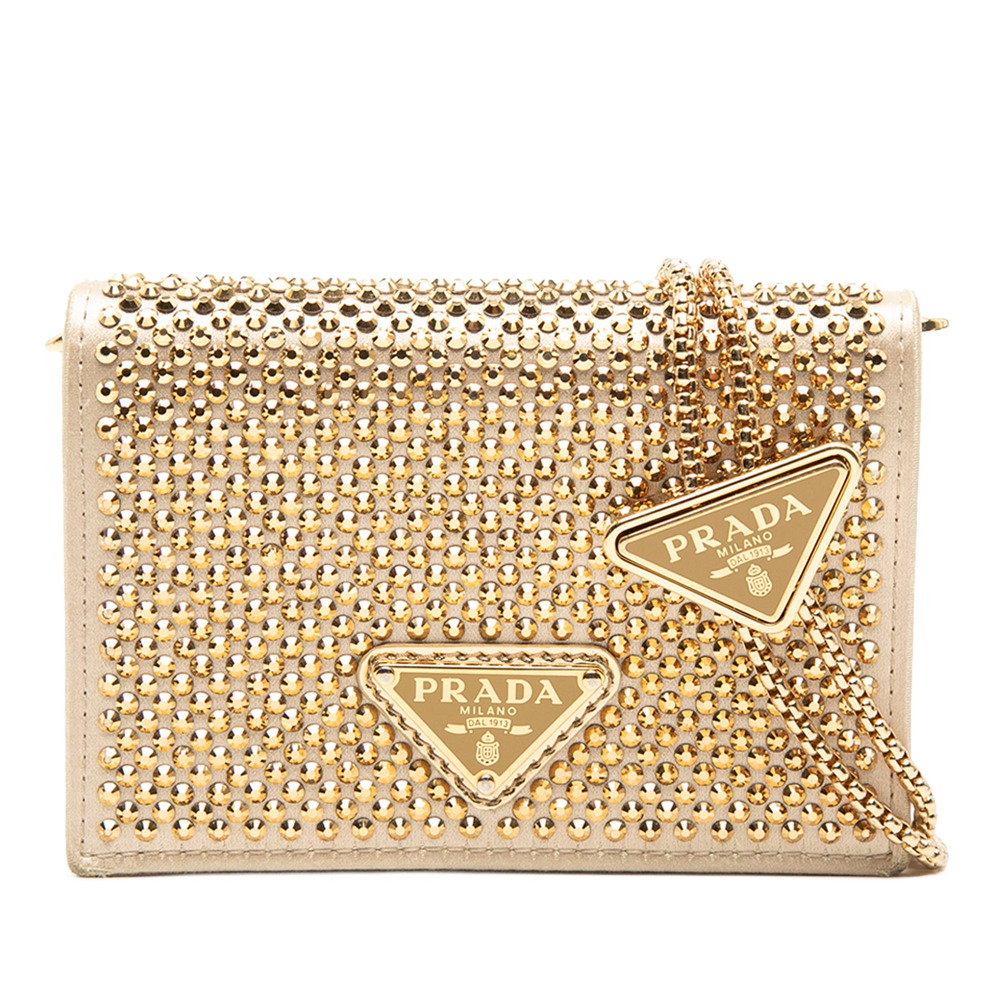 Crystal Embellished Satin Card Holder with Chain Gold - Lab Luxury Resale