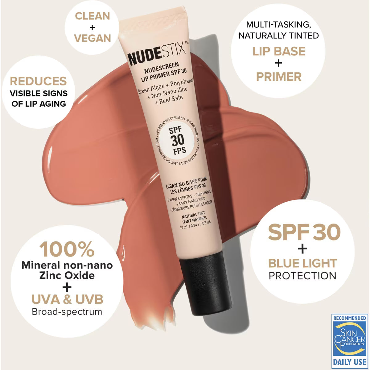 Nudestix Nudescreen Lip Primer SPF 30 in new condition, showing the sleek tube and applicator for smooth lip protection.