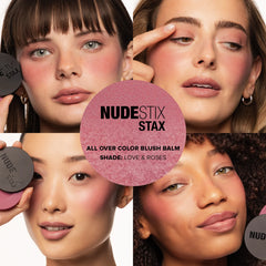 NUDESTIX STAX All Over Color Blush Balm in various shades, featuring stacked tins with creamy blush balms and colorful packaging.