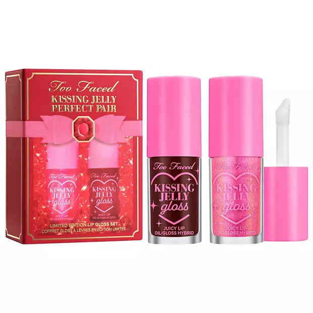New Too Faced Kissing Jelly Perfect Pair beauty set featuring lip gloss and lipstick in sleek packaging.