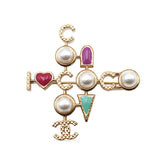 Pre-Owned Chanel CC Gold Plated Faux Pearl I Heart Coco Brooch