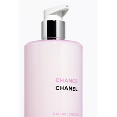 Chanel Chance Eau Splendide moisturizing lotion in 400ml bottle, beauty product with elegant packaging and floral design.