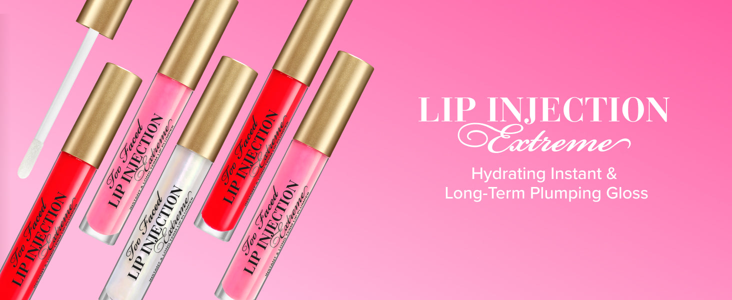 Too Faced Lip Injection Extreme lip plumper in various shades, new in box, showing the sleek packaging and applicator.