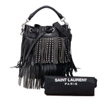 Small Studded Calfskin Emmanuelle Fringe Bucket Bag Black - Lab Luxury Resale