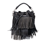 Small Studded Calfskin Emmanuelle Fringe Bucket Bag Black - Lab Luxury Resale